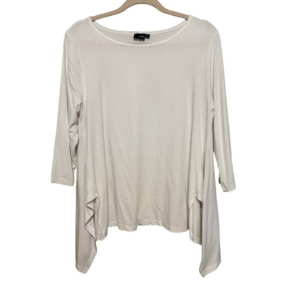 Lisa Bayne Asymmetric Jersey Tunic Top Women Large White Lagenlook Art to Wear